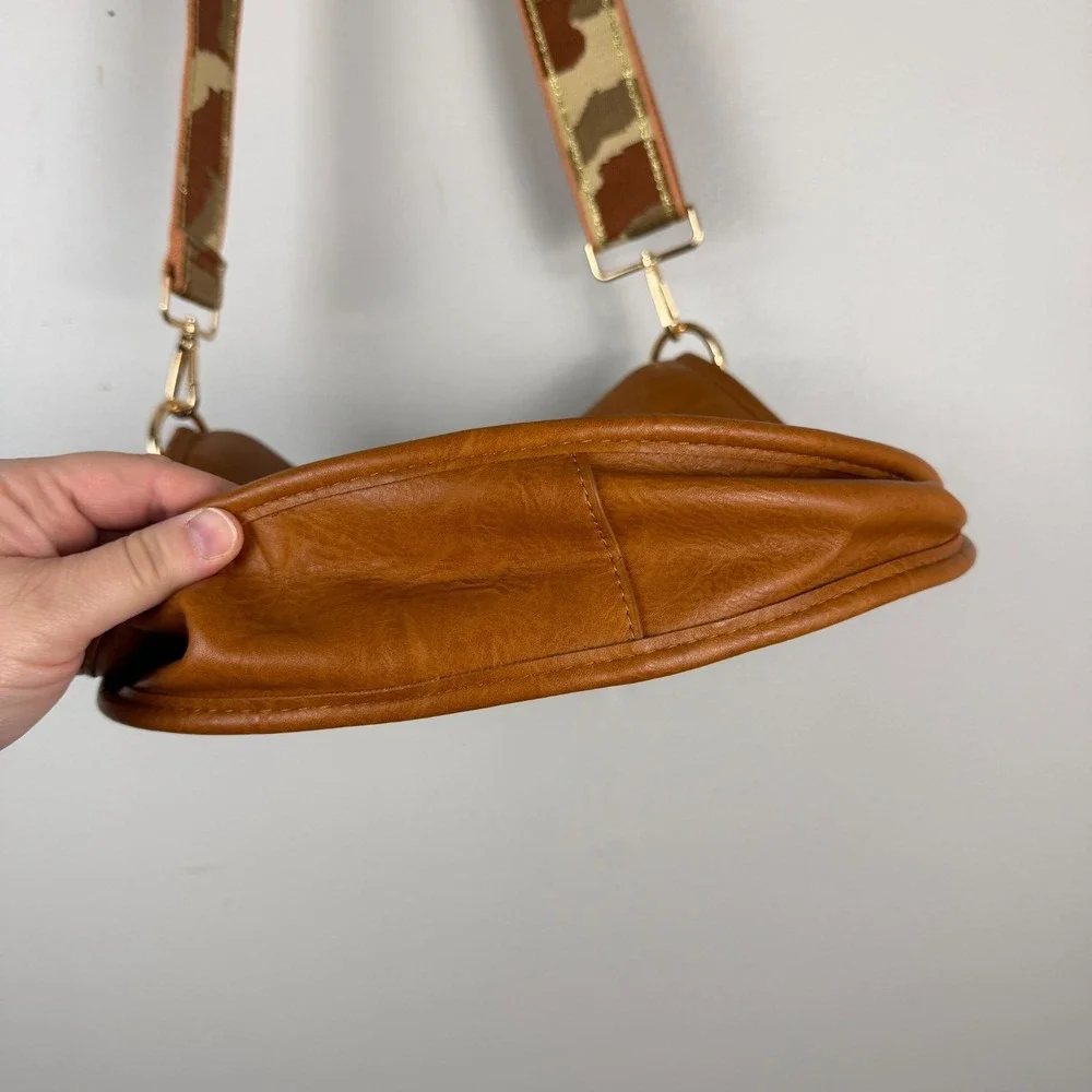 Ahdorned Crossbody Bag Women's Brown Faux Leather U-Shaped Camo Adjustable Strap